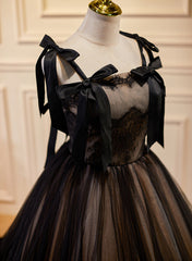 Bridesmaids Dresses Mismatched Fall, Black Straps Tulle with Lace Long Formal Dress, Black A-line Prom Dress