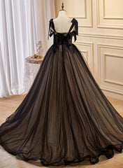Bridesmaid Dresses Mismatched Fall, Black Straps Tulle with Lace Long Formal Dress, Black A-line Prom Dress