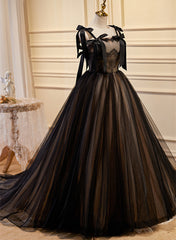 Bridesmaid Dresses Uk, Black Straps Tulle with Lace Long Formal Dress, Black A-line Prom Dress