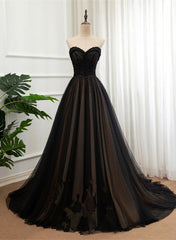 Sequin Dress, Black Tulle Sweetheart A-line Formal Dress with Lace, Black Long Prom Dress