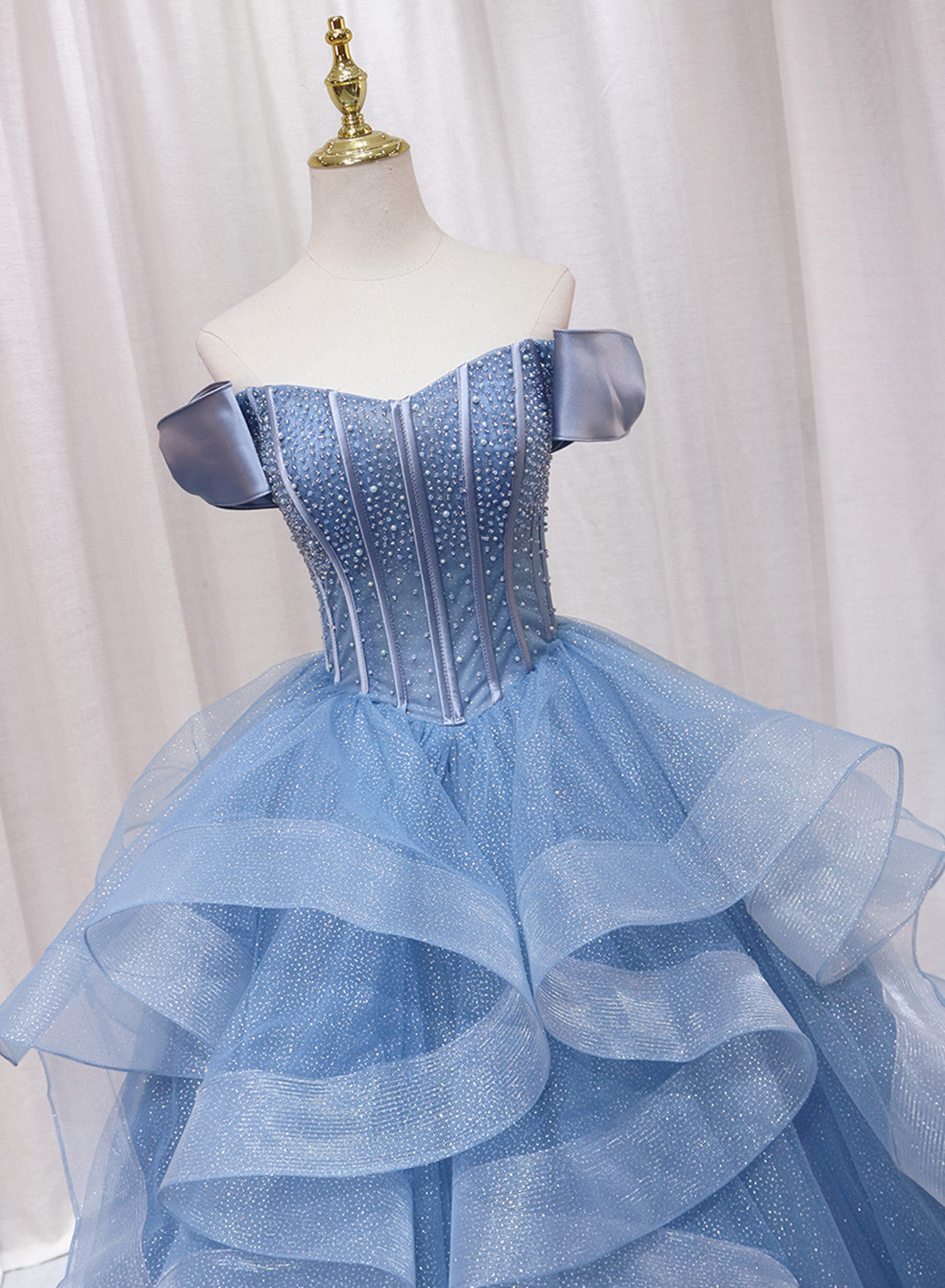 Party Dresses Sleeves, Blue Beaded Off Shoulder Tulle Long Formal Dress, Blue Evening Dress Prom Dress