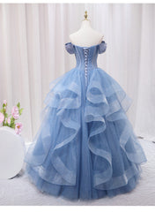 Party Dress Sleeve, Blue Beaded Off Shoulder Tulle Long Formal Dress, Blue Evening Dress Prom Dress