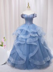 Party Dresses Summer Dresses 2022, Blue Beaded Off Shoulder Tulle Long Formal Dress, Blue Evening Dress Prom Dress