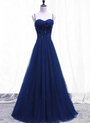 Homecoming Dresses Sparkle, Blue Beaded Straps A-line Tulle New Prom Dress Party Dress, Blue Floor Length Party Dress