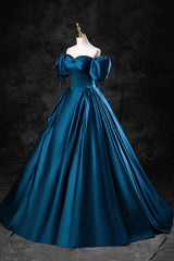 Homecomeing Dresses Bodycon, Blue Off the Shoulder Satin Floor Length Prom Dress with Corset, Blue Evening Party Dress