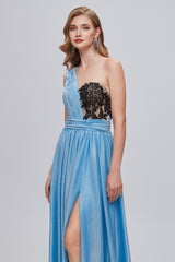 Party Dress For Cocktail, Blue One Shoulder Ruched Long Prom Dresses with Applique