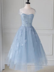 Bridesmaid Dresses Yellow, Blue round neck tulle lace short prom dress, blue homecoming dress