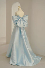 Prom Dress 2021, Blue Satin Long Prom Dress with Big Bow, Blue A-Line Evening Party Dress