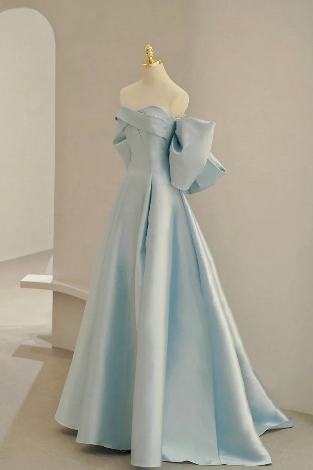 Prom Dresses2021, Blue Satin Long Prom Dress with Big Bow, Blue A-Line Evening Party Dress
