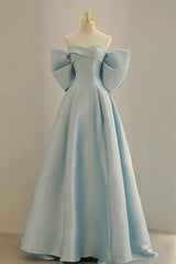 Prom Dresses Open Back, Blue Satin Long Prom Dress with Big Bow, Blue A-Line Evening Party Dress