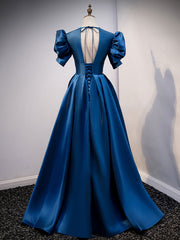 Party Dress Shop Near Me, Blue Satin Long Prom Dress with Short Sleeves, Blue Evening Formal Dress