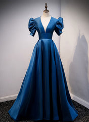 Party Dresses Formal, Blue Satin Long Prom Dress with Short Sleeves, Blue Evening Formal Dress