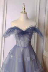 Prom Dress Designers, Blue Tulle Long A-Line Prom Dress