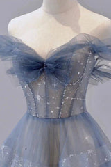 Prom Dresses Designers, Blue Tulle Long A-Line Prom Dress