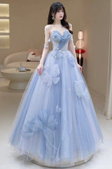 Prom Dress With Sleeve, Blue Tulle Long A-Line Prom Dress Party Dress, Blue Evening Dress
