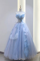 Prom Dress With Sleeves, Blue Tulle Long A-Line Prom Dress Party Dress, Blue Evening Dress