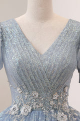 Dinner Outfit, Blue Tulle Long A-Line Prom Dress, V-Neck Short Sleeve Evening Dress
