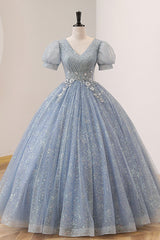 Elegant Dress Classy, Blue Tulle Long A-Line Prom Dress, V-Neck Short Sleeve Evening Dress