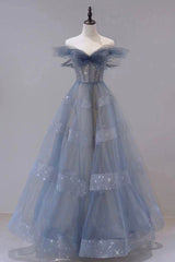 Prom Dress Design, Blue Tulle Long A-Line Prom Dress