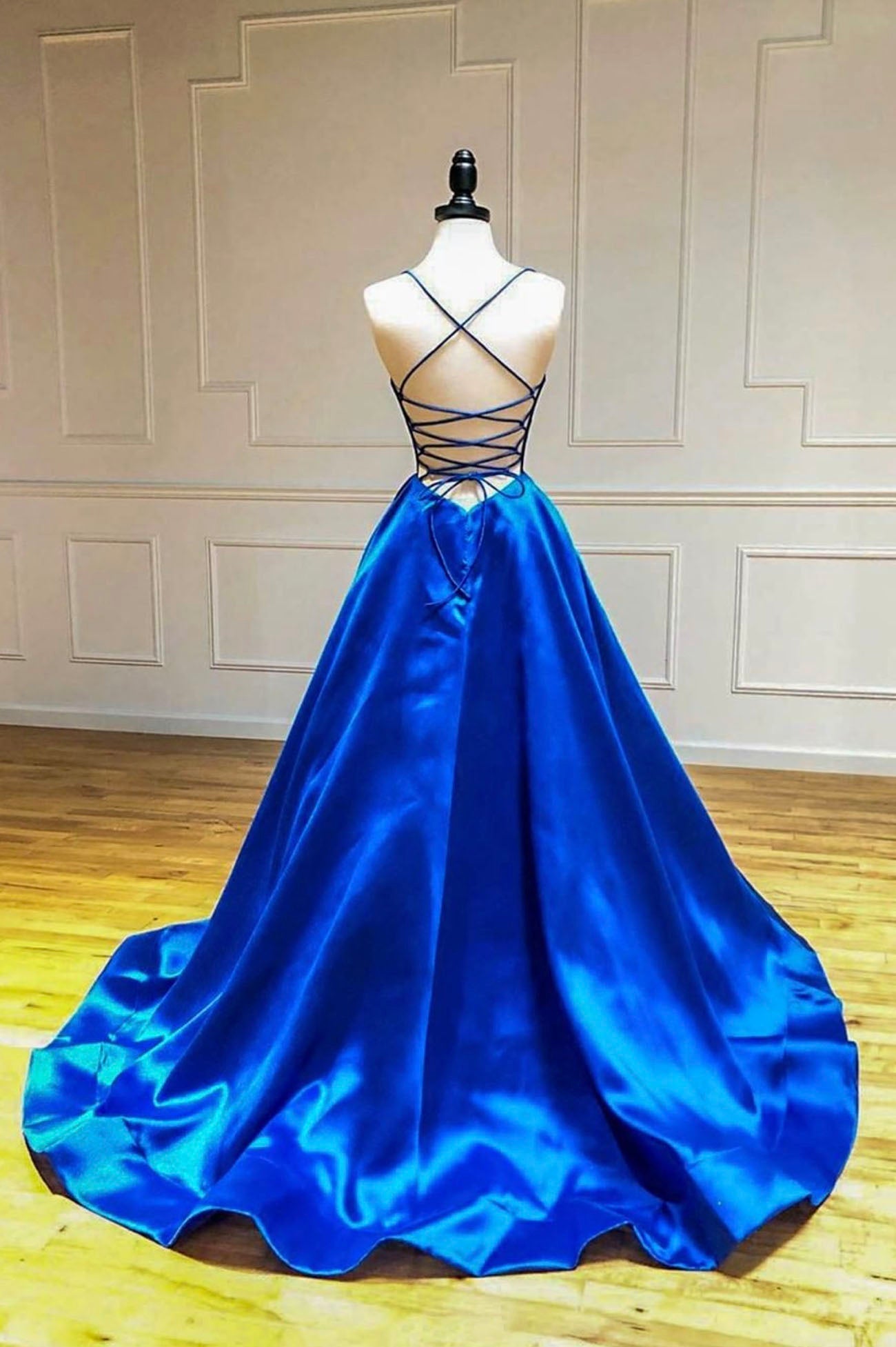 Prom Dresses Glitter, Blue V-Neck Satin Long Evening Dress, A-Line Backless Prom Dress