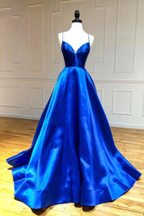 Prom Dresses Chicago, Blue V-Neck Satin Long Evening Dress, A-Line Backless Prom Dress