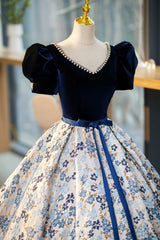 Prom Dresses Colors, Blue Velvet Floor Length Prom Dress with Short Sleeve, Blue V-Neck Formal Evening Dress