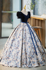 Prom Dress Colorful, Blue Velvet Floor Length Prom Dress with Short Sleeve, Blue V-Neck Formal Evening Dress
