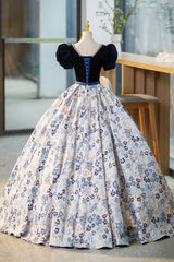 Prom Dress 2023, Blue Velvet Floor Length Prom Dress with Short Sleeve, Blue V-Neck Formal Evening Dress