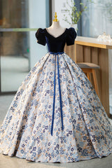 Prom Dress Color, Blue Velvet Floor Length Prom Dress with Short Sleeve, Blue V-Neck Formal Evening Dress