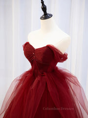 Formal Dress Attire, Burgundy off shoulder tulle lace long prom dress burgundy formal dress