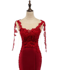 Evening Dresses Boutique, Burgundy Round Neck Lace Satin Mermaid Long Prom Dress Lace Formal Dress