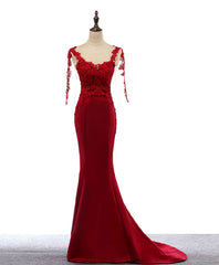 Evening Dresses Short, Burgundy Round Neck Lace Satin Mermaid Long Prom Dress Lace Formal Dress