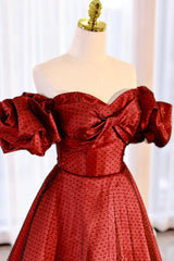 Homecoming Dress With Sleeves, Burgundy Satin Tulle Long Prom Dress, Off the Shoulder Evening Party Dress