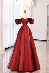 Homecomming Dress With Sleeves, Burgundy Satin Tulle Long Prom Dress, Off the Shoulder Evening Party Dress