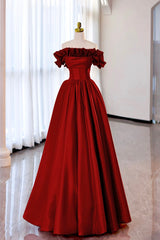 Prom Dresses Ball Gown, Burgundy Strapless Satin Long Prom Dress, A-Line Evening Party Dress