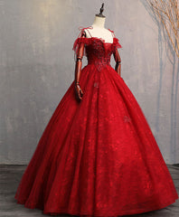 Evening Dresses Unique, Burgundy Sweetheart Tulle Lace Long Prom Gown, Lace Formal Dress