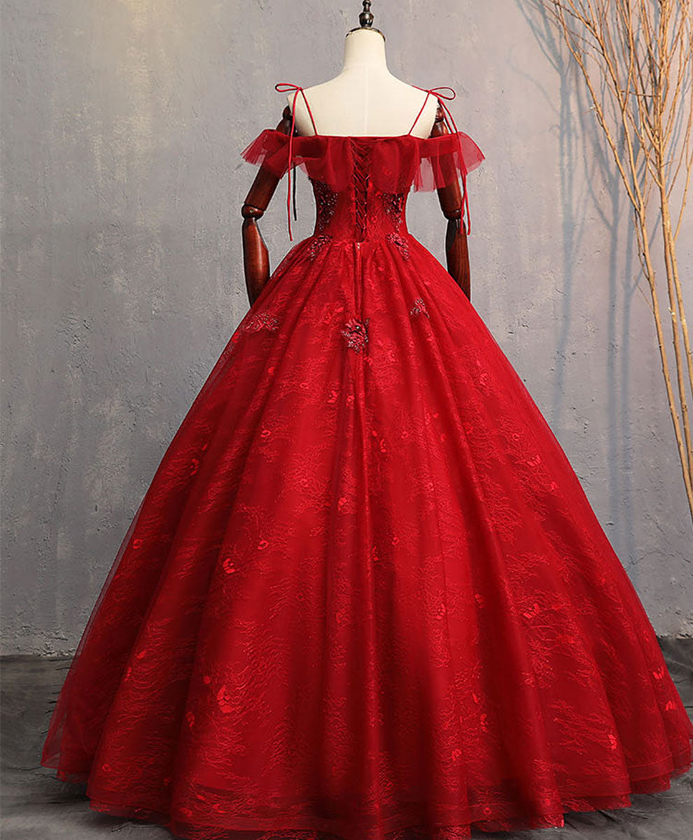 Evening Dresses Gowns, Burgundy Sweetheart Tulle Lace Long Prom Gown, Lace Formal Dress