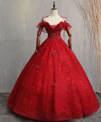 Evening Dresses Wholesale, Burgundy Sweetheart Tulle Lace Long Prom Gown, Lace Formal Dress