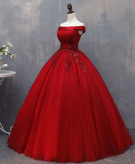 Evening Dress For Sale, Burgundy Tulle Lace Off Shoulder Long Prom Gown Burgundy Evening Dress