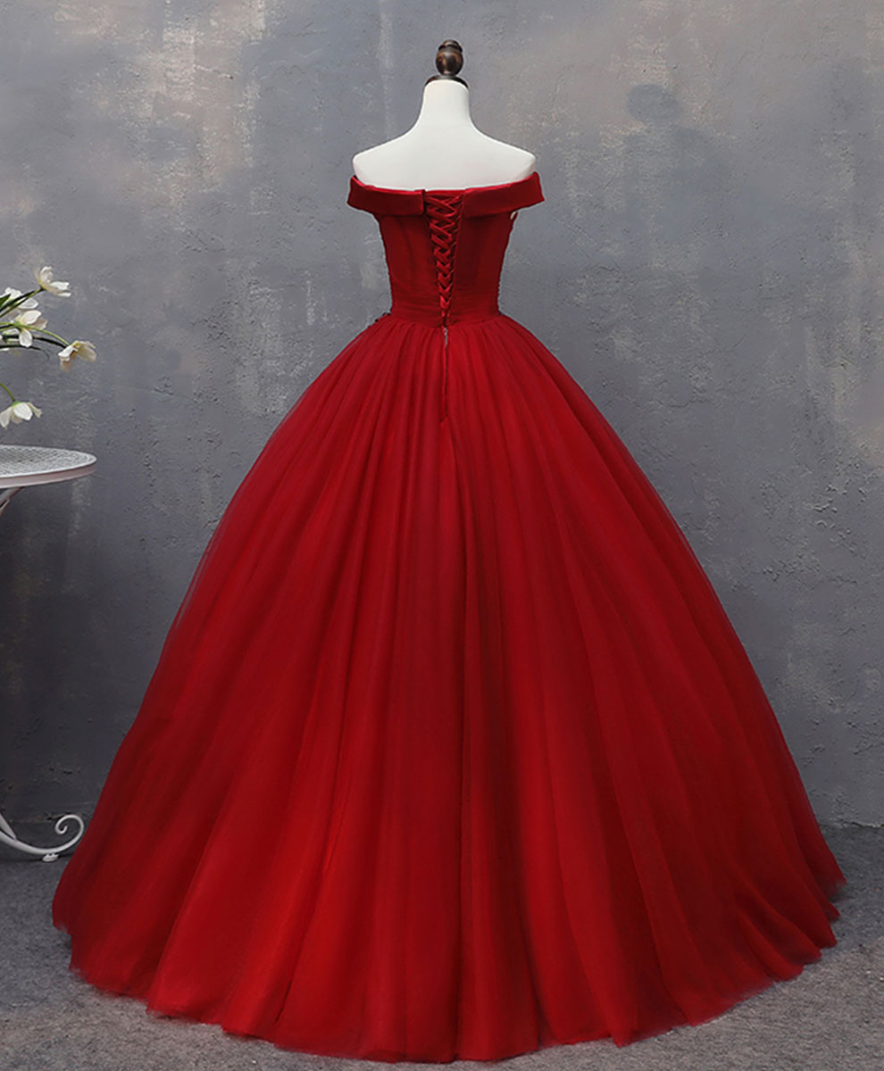 Evening Dresses For Sale, Burgundy Tulle Lace Off Shoulder Long Prom Gown Burgundy Evening Dress
