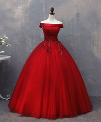 Evening Dress Sale, Burgundy Tulle Lace Off Shoulder Long Prom Gown Burgundy Evening Dress