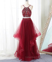Country Wedding, Burgundy two pieces beads long prom dress, burgundy evening dress