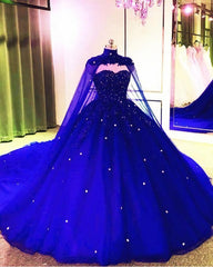 Pink Prom Dress, Royal Blue Tulle Ball Gown Prom Dress, With Cape