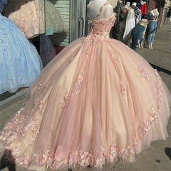 Prom Dress Long Formal Evening Gown, Pink Sparkly Quinceanera Prom Dresses, Lace Flower Sweet 16 Tulle Party Ball Gown