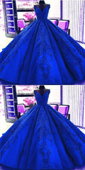 Prom Dresses Long Ball Gown, Gorgeous Royal Blue Appliques Beads Quinceanera Dresses, Formal Ball Gown Prom Dress
