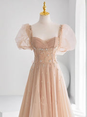 Party Dresses Sales, Chamapgne Beaded Short Sleeves Tulle A-line Prom Dress, Champagne Party Dress