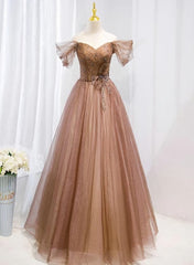 Prom Dresses For 022, Champagne Off Shoulder Beaded A-line Tulle Long Party Dress, Long Evening Gown