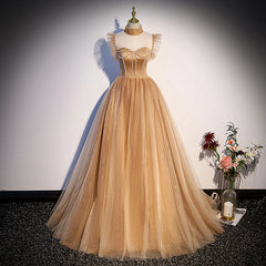 Party Dresses For 13 Year Olds, Champagne Tulle Beaded Long Sweet 16 Formal Dresses, Champagne Party Dresses