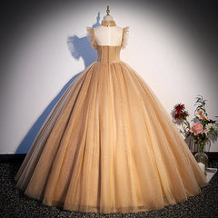 Party Dresses Jumpsuits, Champagne Tulle Beaded Long Sweet 16 Formal Dresses, Champagne Party Dresses