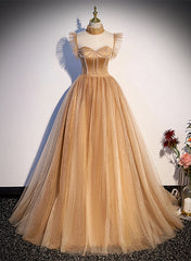 Party Dress Long Sleeve Maxi, Champagne Tulle Beaded Long Sweet 16 Formal Dresses, Champagne Party Dresses